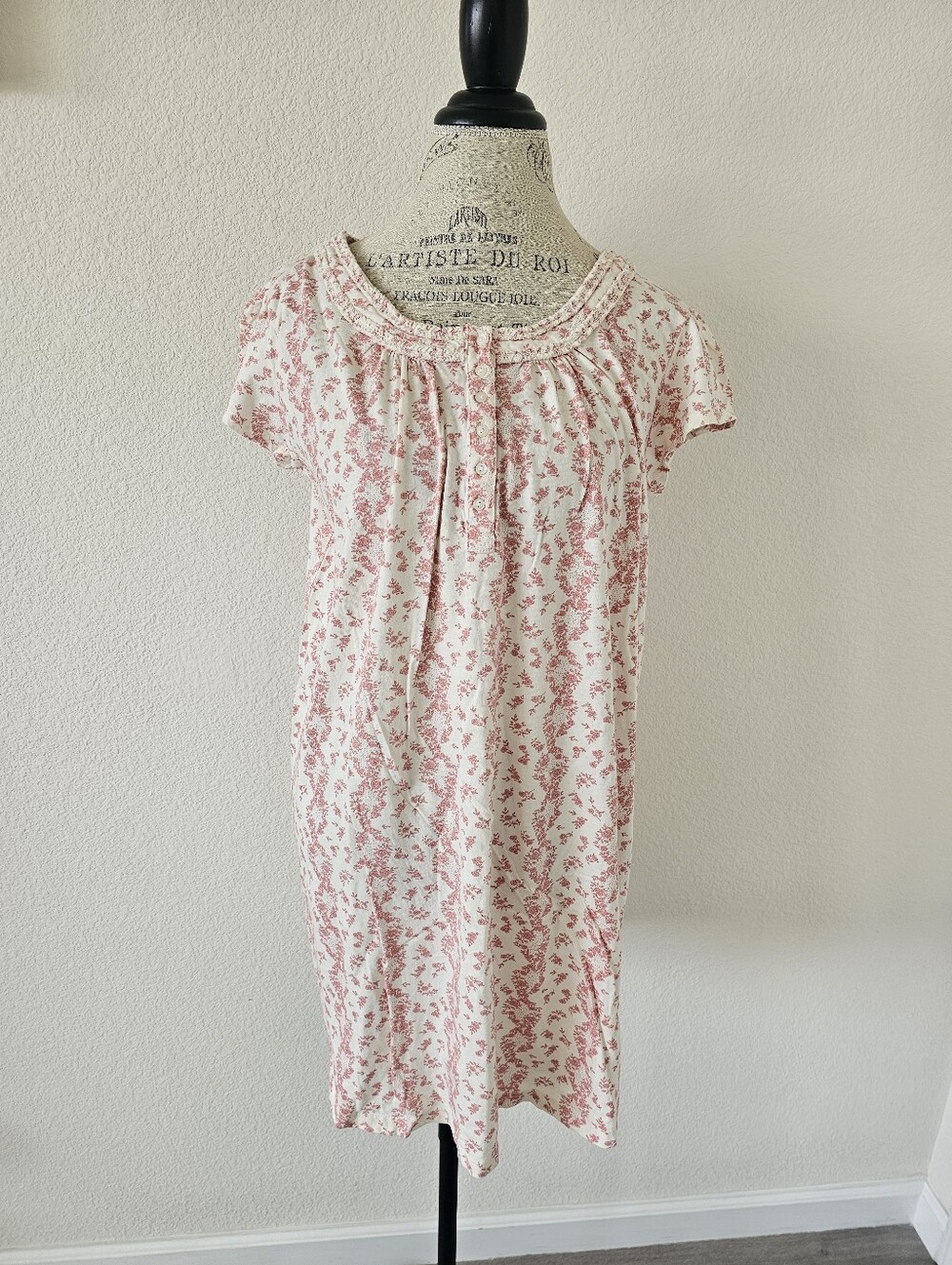 Carole Hochman Floral Cotton Knit Nightgown Sleep Dress Lace Trim Pink Cream M